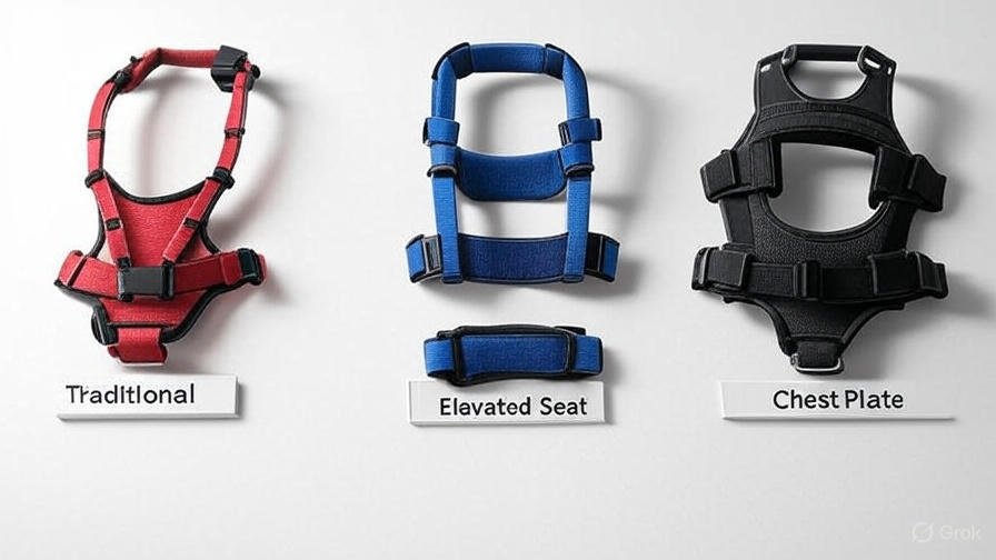Diversos cintos de segurança para cães em carros, incluindo cintos tradicionais, com assento elevado e com placa peitoral, exibidos em um fundo branco.