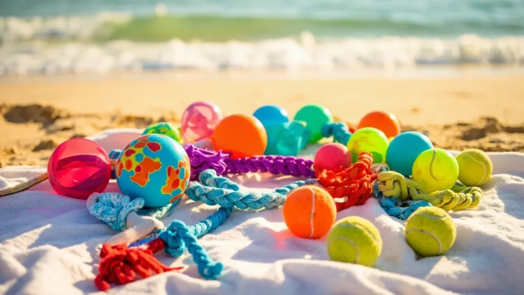 Coleção de melhores brinquedos de praia para cães organizados na areia incluindo bolas flutuantes e frisbees