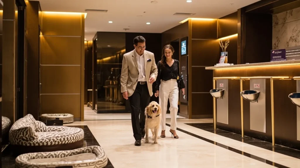 Reception de hotel pet-friendly de luxo recebendo hóspede com cão - serviço especializado internacional