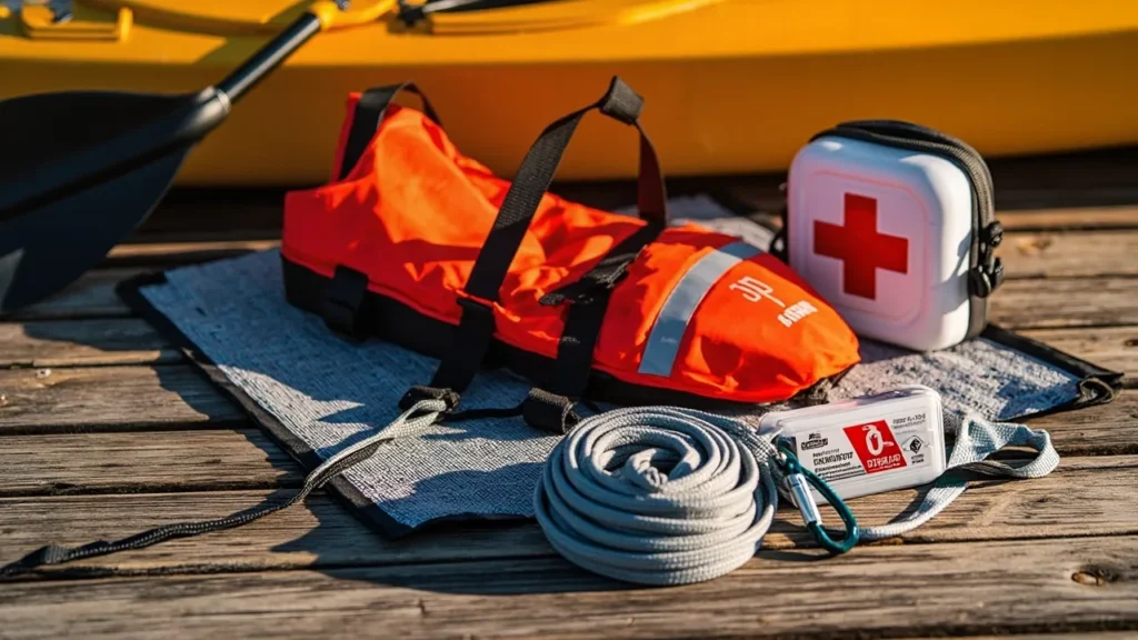 Equipamentos de segurança para caiaque com cão incluindo colete salva-vidas e acessórios essenciais
