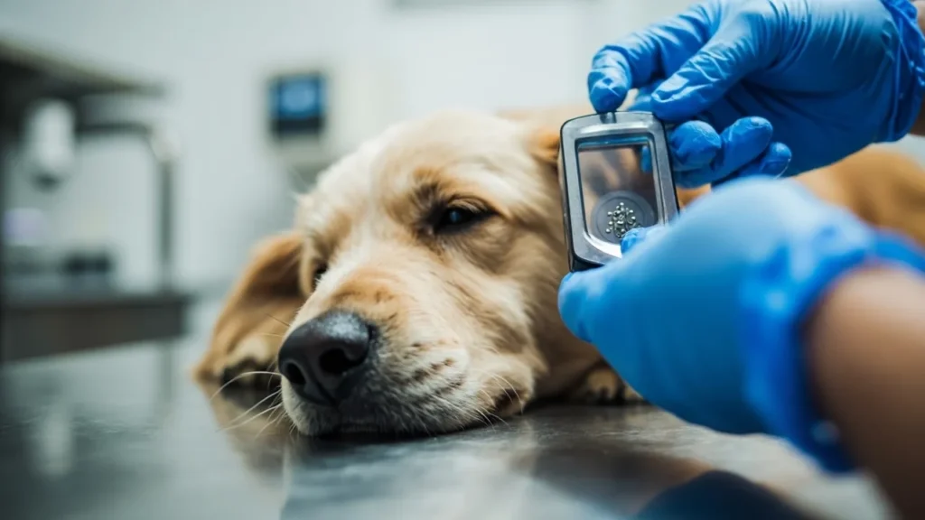Veterinário implantando microchip em cão - procedimento seguro para viagem internacional