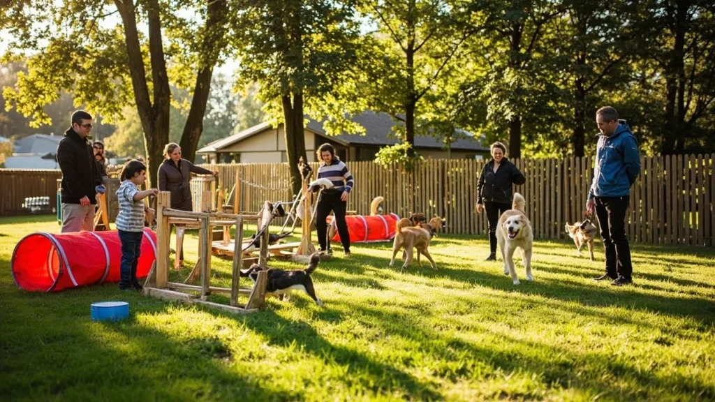 Área de recreação para pets em hotel fazenda com cães brincando e equipamentos de agility