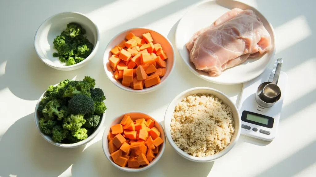 Ingredientes organizados para preparo de alimentação natural para pets - receita caseira