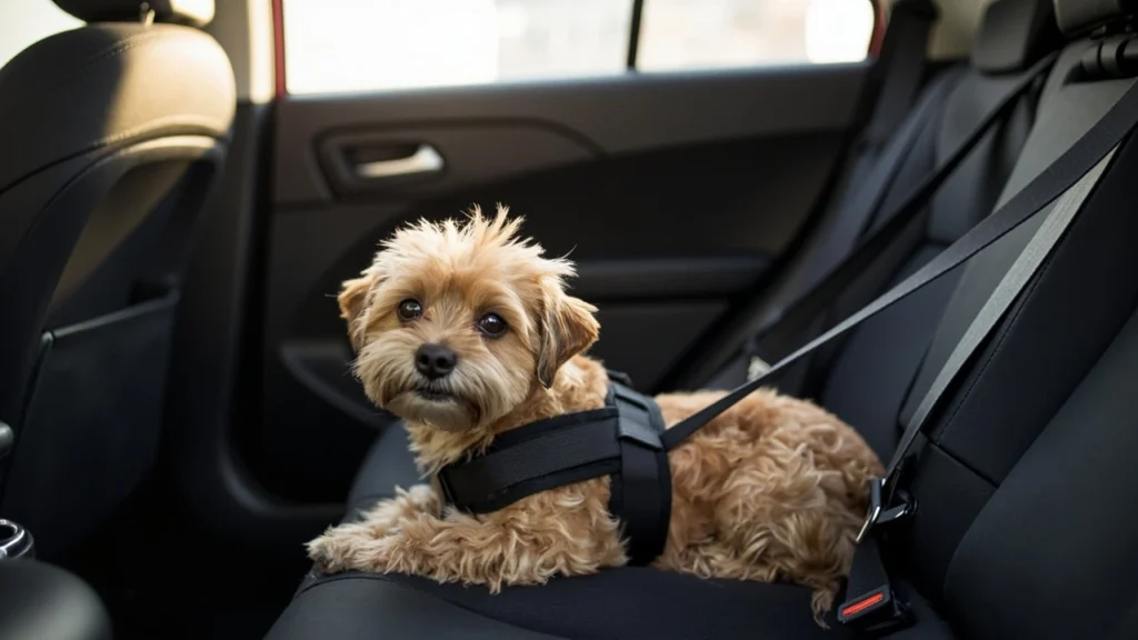 Cachorro descansando em seu cinto de segurança enquanto viaja de carro, sem preocupações.
