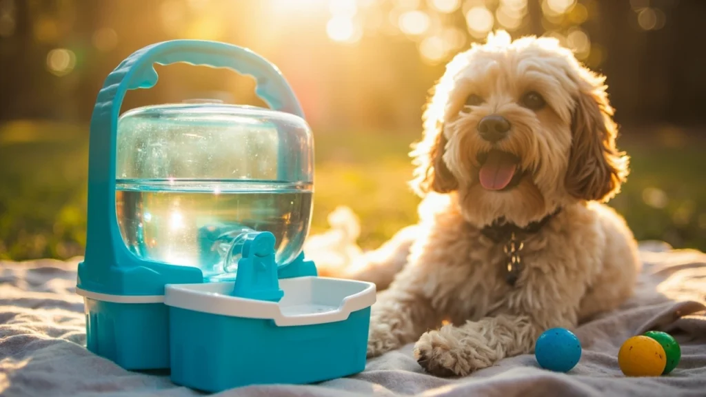 Cachorro bebendo água de um bebedouro portátil durante viagem