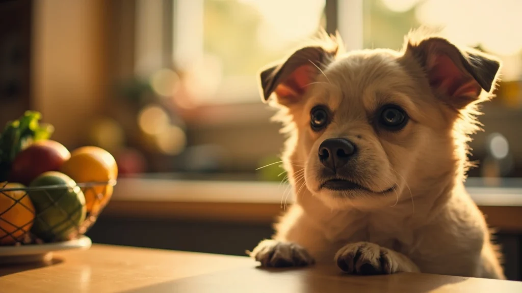 Cachorro olhando para um prato de comida humana com expressão de desejo.