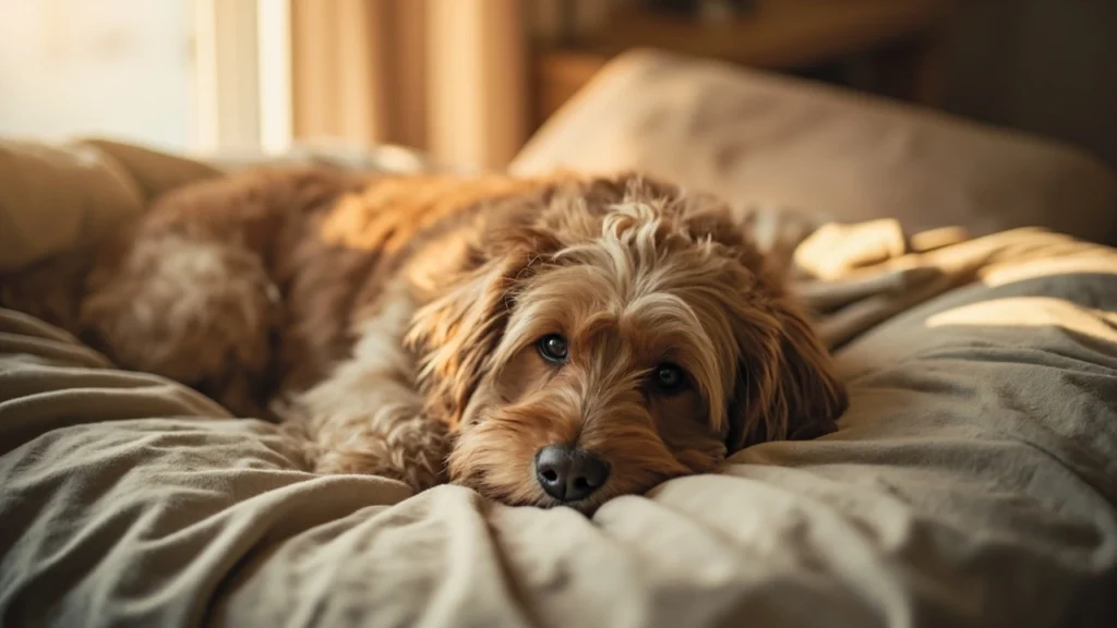 Cão descansando confortavelmente em um hotel pet-friendly durante a viagem.