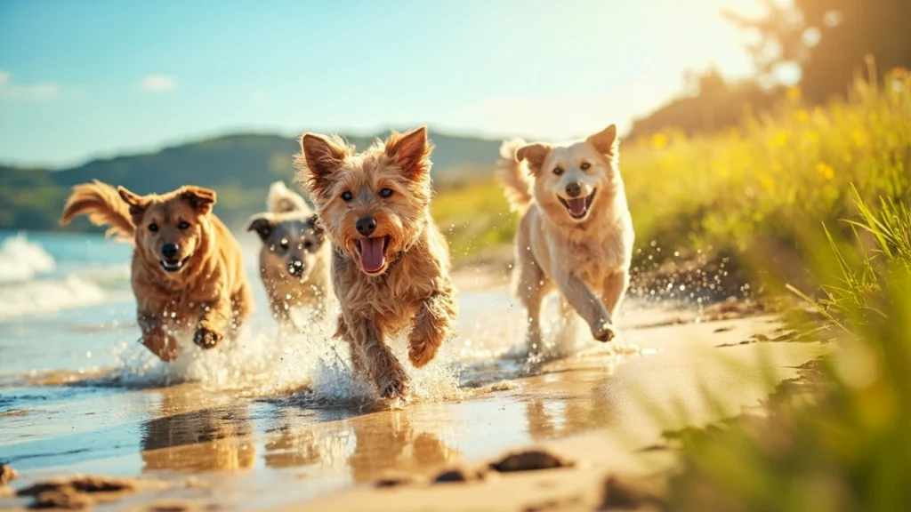 Cães brincando ao ar livre em parque com paisagens tropicais brasileiras.