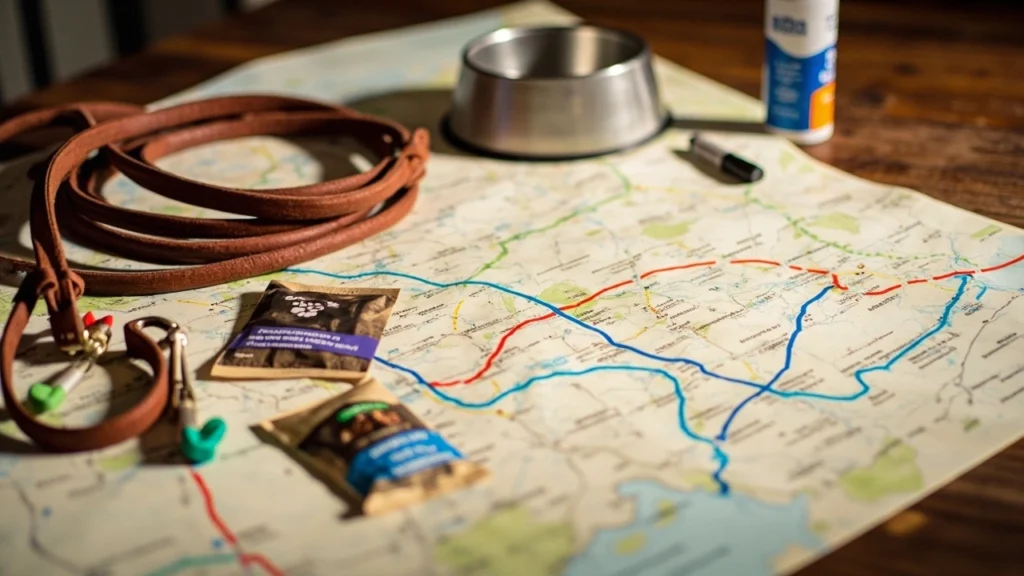 Planejamento de viagem com cães, incluindo mapa e itens essenciais para a jornada.
