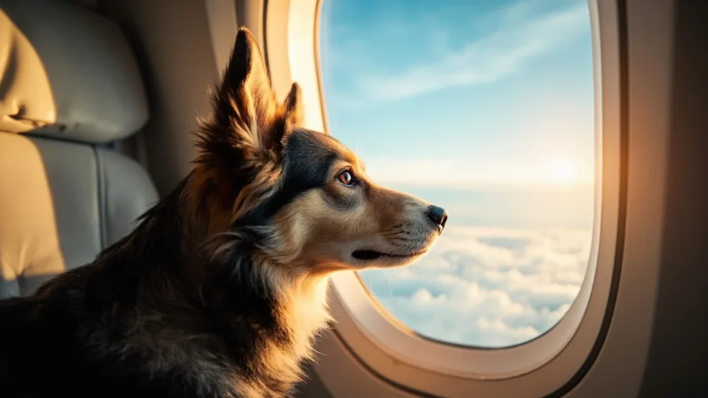 Cachorro olhando pela janela de um avião durante o dia, mostrando a experiência de viajar com pets.