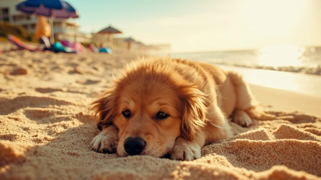 Cachorro relaxando em uma praia pet-friendly, representando os destinos ideais para viajar com pets.