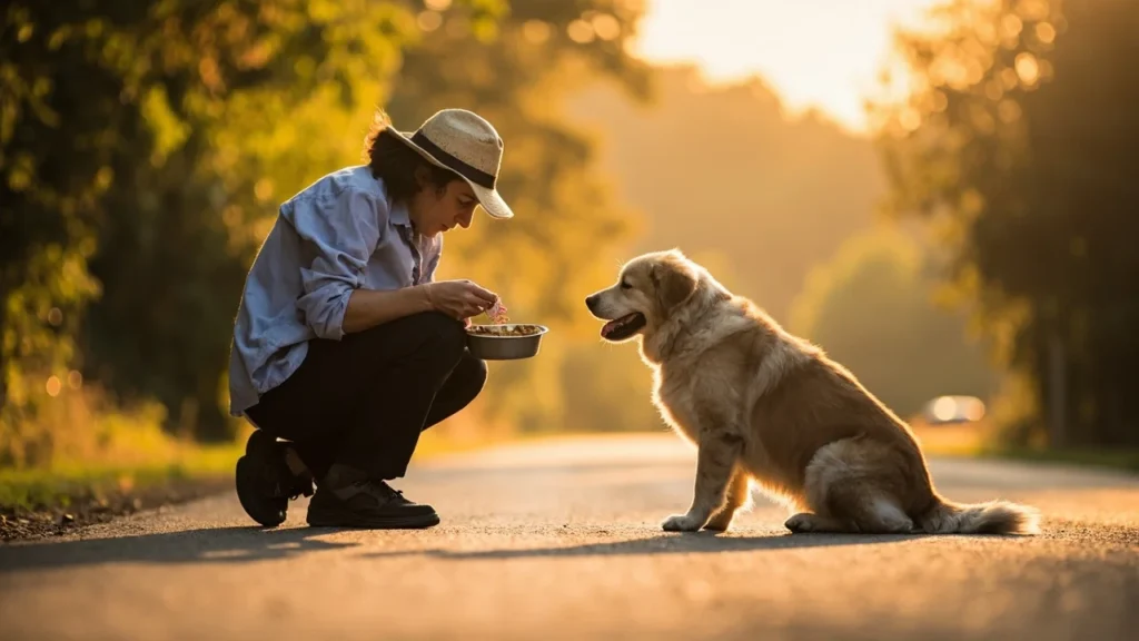 Donos de pets viajantes garantindo alimentação e hidratação adequadas para seus animais durante a viagem.