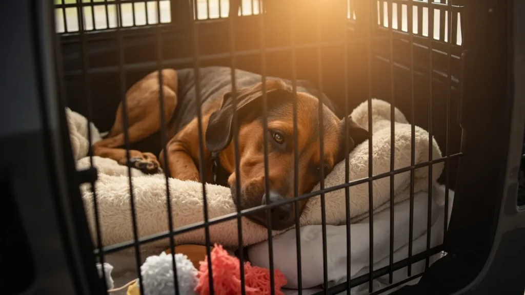 Cão confortável em sua caixa de transporte, uma parte essencial da preparação para viagens com pets.