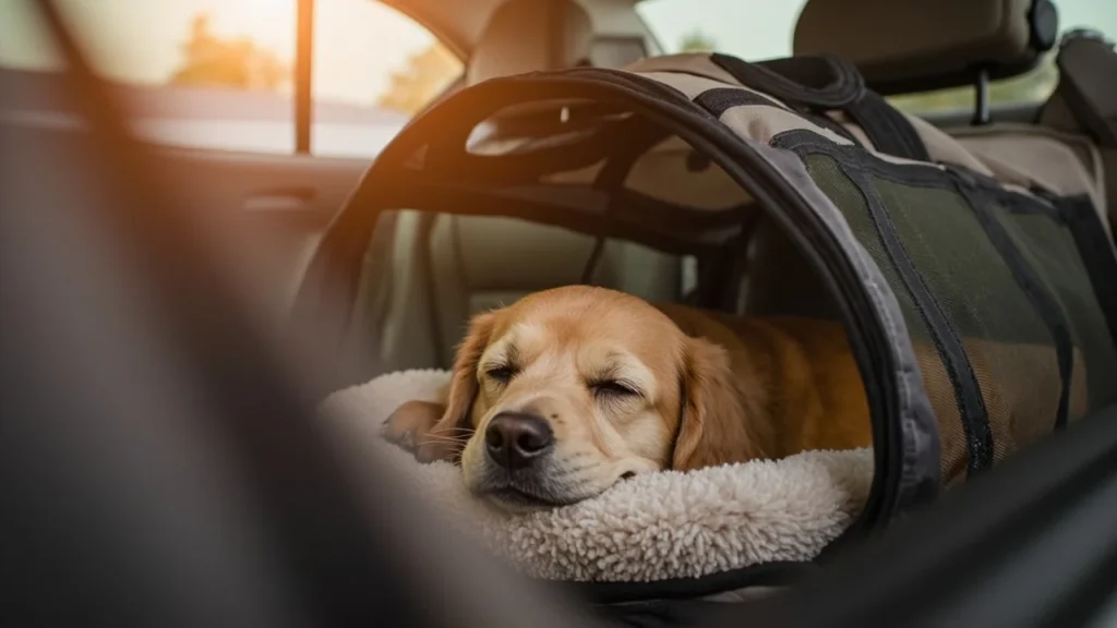 Cachorro relaxado dentro de uma caixa de transporte em um carro, representando um ambiente de viagem sem estresse.