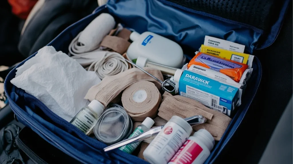 Kit de primeiros socorros veterinário com itens básicos como bandagens e gaze.