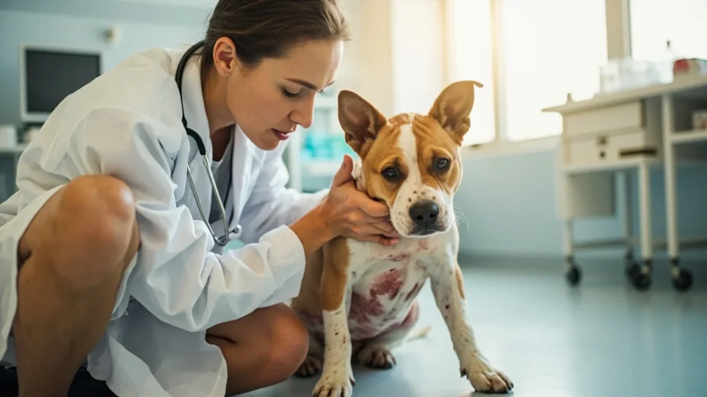 Veterinário ajudando um cachorro com reações alérgicas.