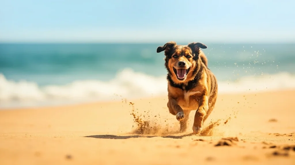 Cachorro correndo em uma praia pet-friendly, com céu limpo e ondas suaves.