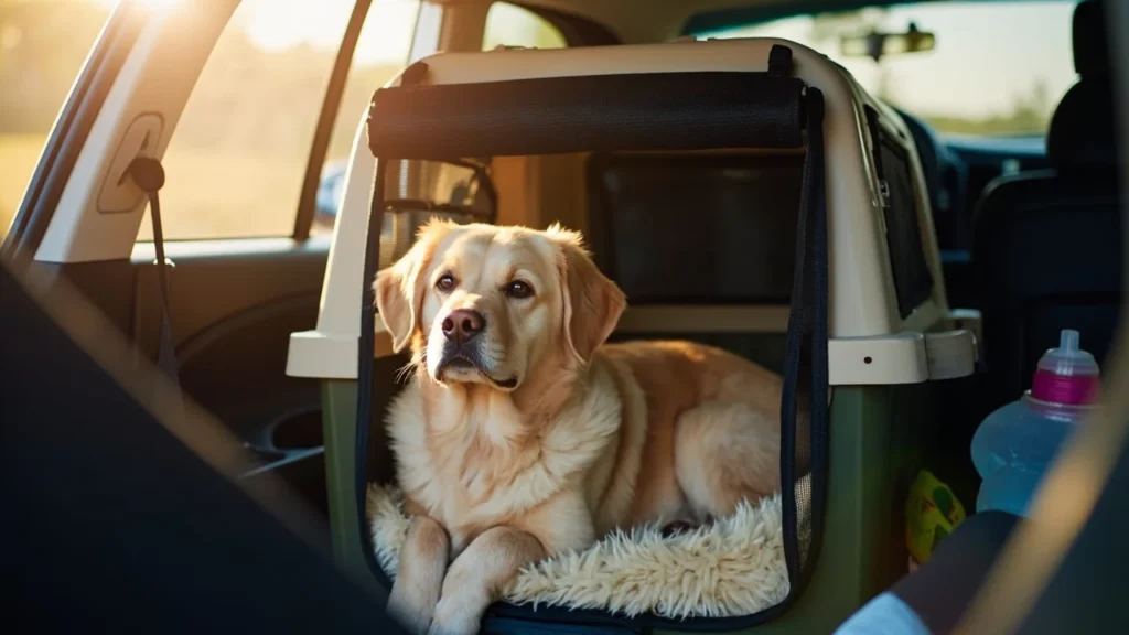 Cão confortável dentro de caixa de transporte durante viagem de carro.