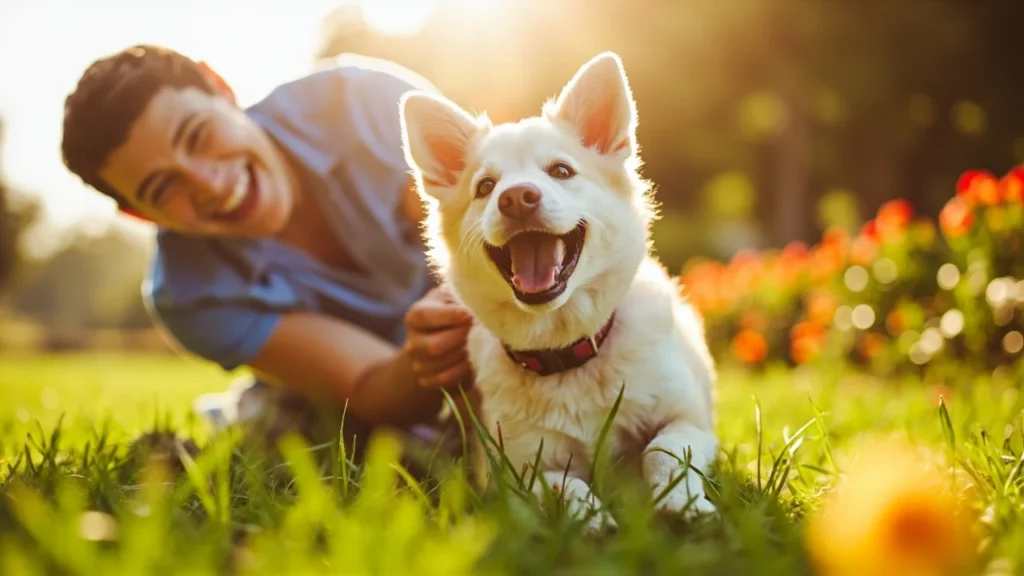Cachorro brincando com seu dono em parque durante viagem.