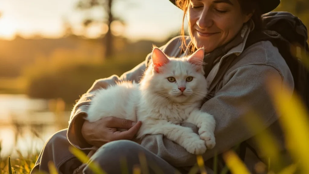 Dono e gato compartilhando um momento de tranquilidade durante uma viagem